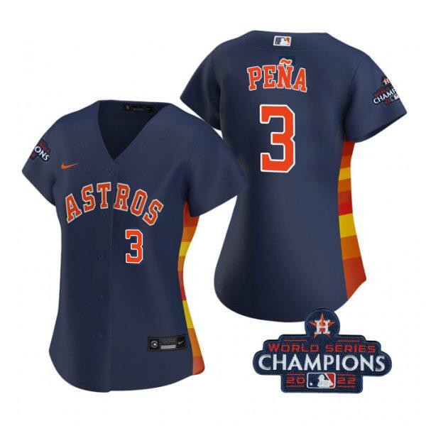 Women's Houston Astros #3 Jeremy Pe?a Navy 2022 World Series Champions With No. In Front Stitched Baseball Jersey(Run Small)