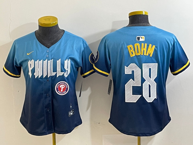 Women Philadelphia Phillies #28 Alec Bohm Blue 2024 City Connect Limited Stitched Baseball Jersey 5