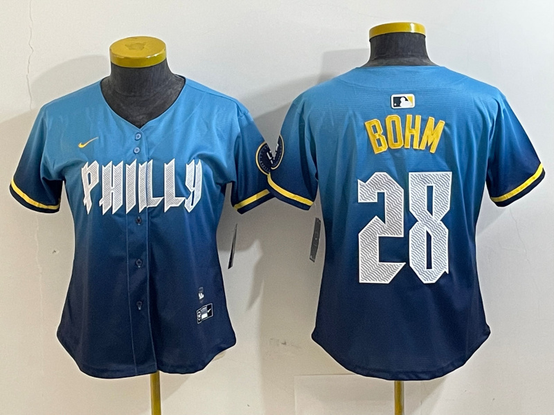 Women Philadelphia Phillies #28 Alec Bohm Blue 2024 City Connect Limited Stitched Baseball Jersey 4