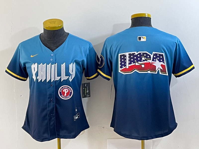 Women Philadelphia Phillies Team Big Logo Blue 2024 City Connect Limited Stitched Baseball Jersey 2