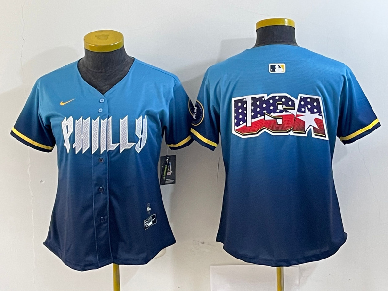Women Philadelphia Phillies Team Big Logo Blue 2024 City Connect Limited Stitched Baseball Jersey 1