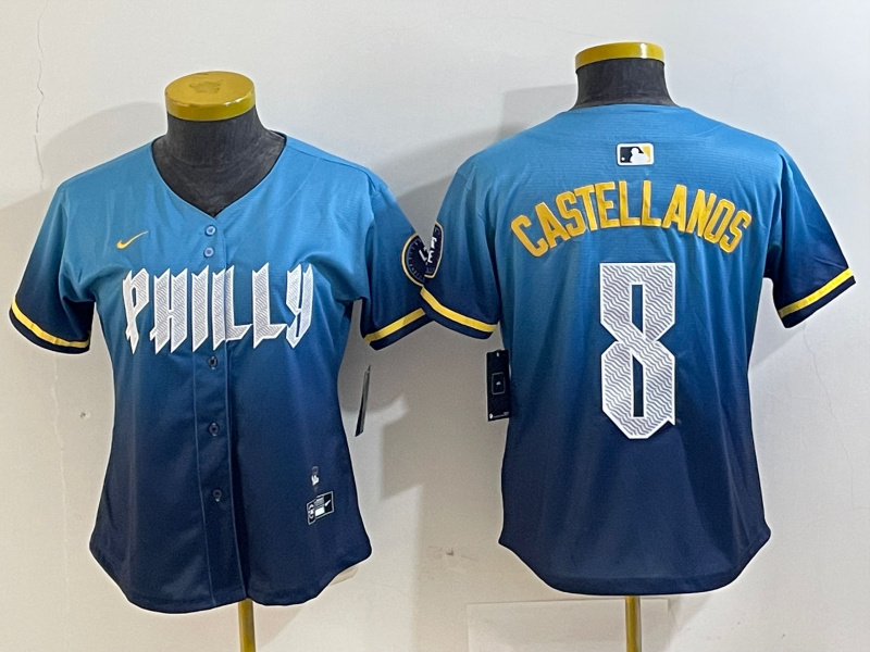 Women Philadelphia Phillies #8 Nick Castellanos Blue 2024 City Connect Limited Stitched Jersey 3