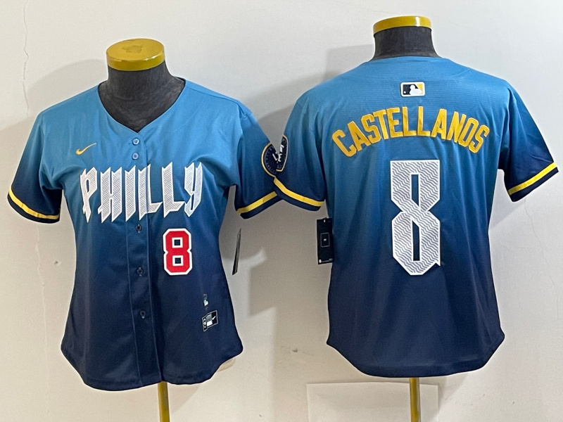 Women Philadelphia Phillies #8 Nick Castellanos Blue 2024 City Connect Limited Stitched Jersey 2