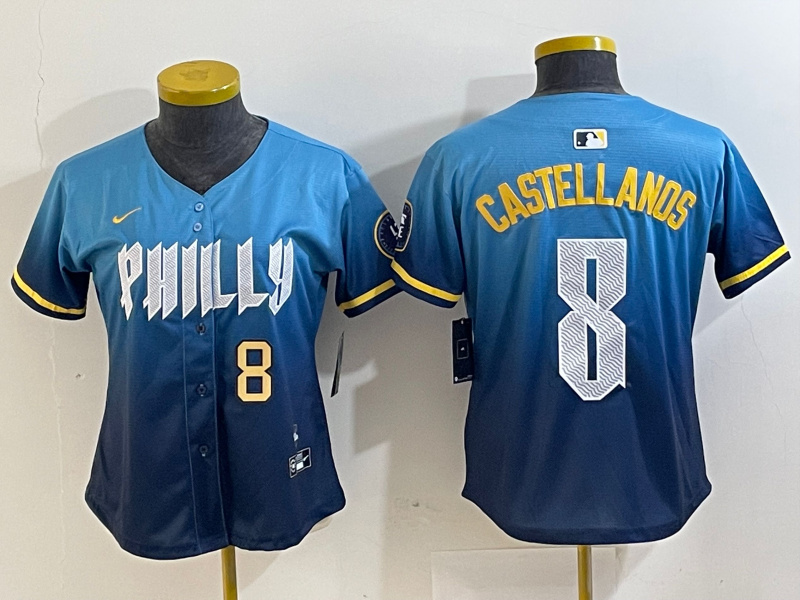 Women Philadelphia Phillies #8 Nick Castellanos Blue 2024 City Connect Limited Stitched Jersey 2