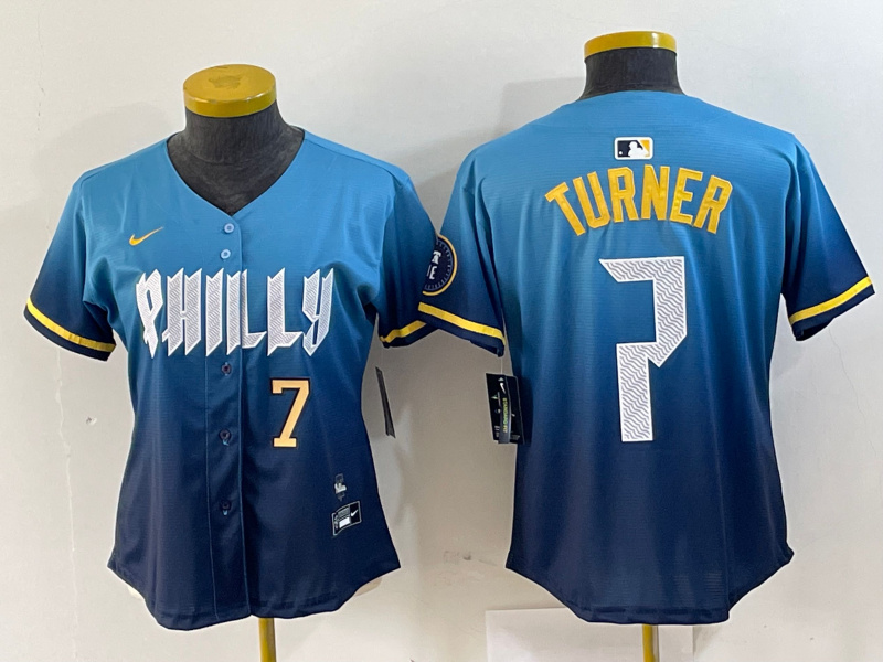 Women Philadelphia Phillies #7 Trea Turner Blue 2024 City Connect Limited Stitched Jersey 3