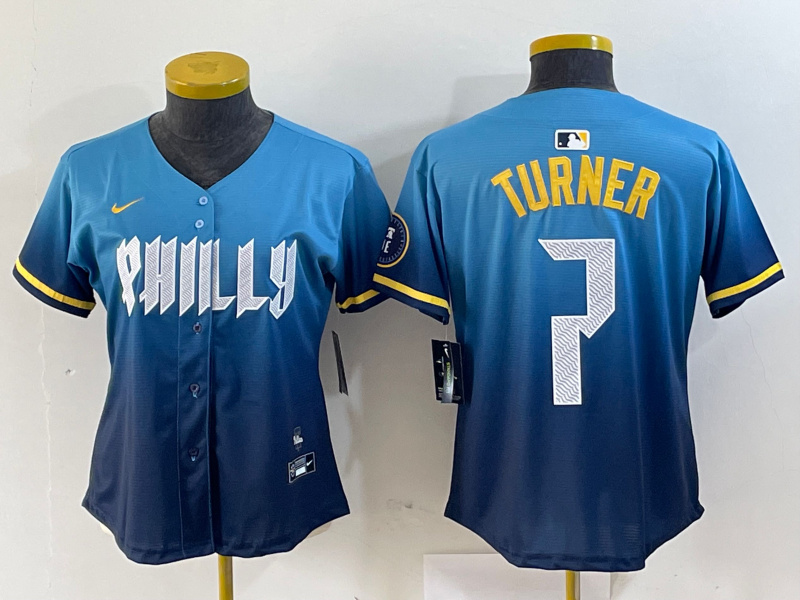 Women Philadelphia Phillies #7 Trea Turner Blue 2024 City Connect Limited Stitched Jersey 1