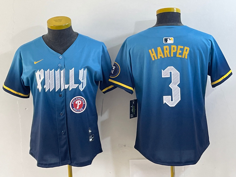 Women Philadelphia Phillies #3 Bryce Harper Blue 2024 City Connect Limited Stitched Jersey 7