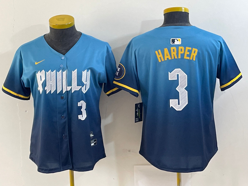 Women Philadelphia Phillies #3 Bryce Harper Blue 2024 City Connect Limited Stitched Jersey 6