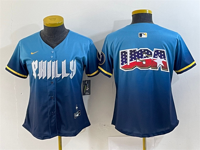 Women's Philadelphia Phillies Team Big Logo Blue 2024 City Connect Limited Stitched Baseball Jersey 1