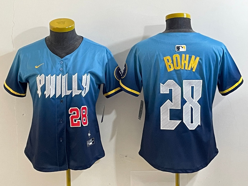 Women's Philadelphia Phillies #28 Alec Bohm Blue 2024 City Connect Limited Stitched Baseball Jersey 1