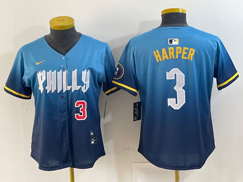 Women Philadelphia Phillies #3 Bryce Harper Blue 2024 City Connect Limited Stitched Jersey 3