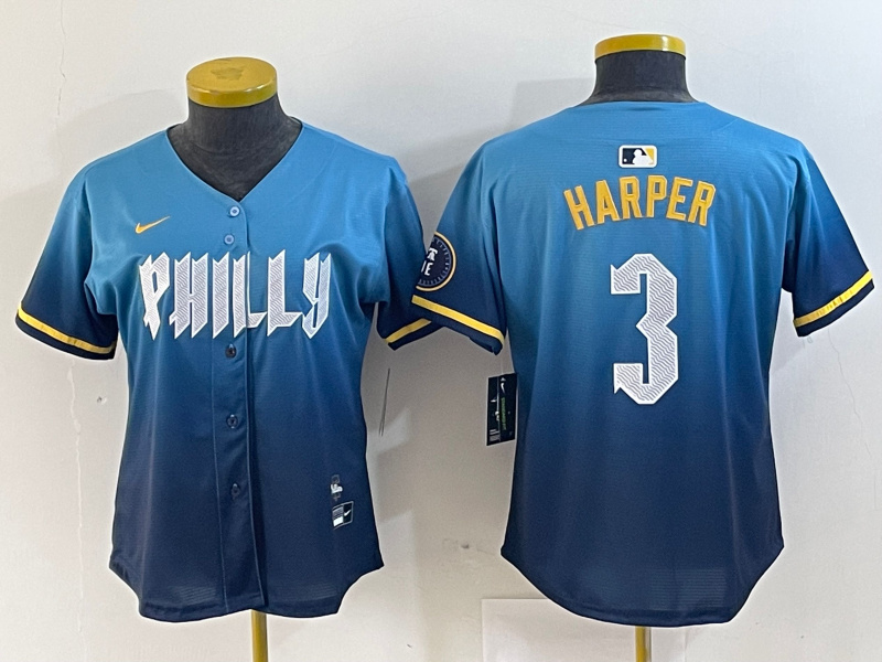Women Philadelphia Phillies #3 Bryce Harper Blue 2024 City Connect Limited Stitched Jersey 1