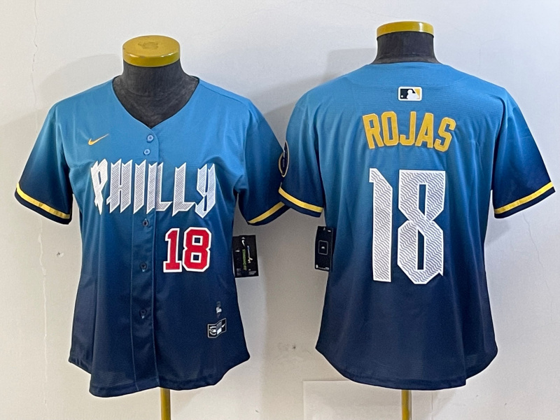 Women Philadelphia Phillies #18 Johan Rojas Blue 2024 City Connect Limited Stitched jerseys 2