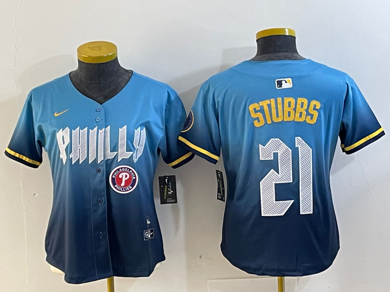 Women's Philadelphia Phillies #21 Garrett Stubbs Blue 2024 City Connect Limited Stitched Jersey 3