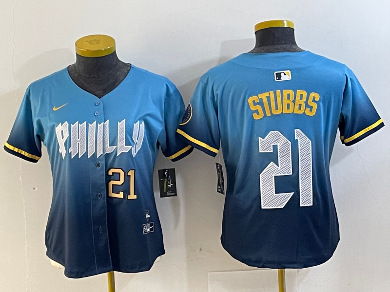 Women's Philadelphia Phillies #21 Garrett Stubbs Blue 2024 City Connect Limited Stitched Jersey 1