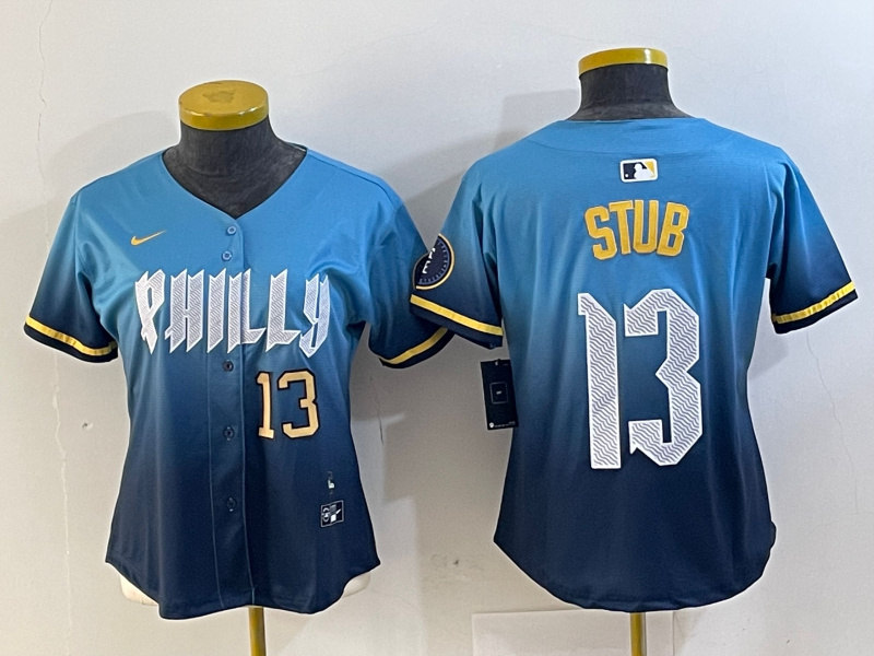 Women's Philadelphia Phillies #13 Stub Blue 2024 City Connect Limited Stitched Baseball Jerseys 1