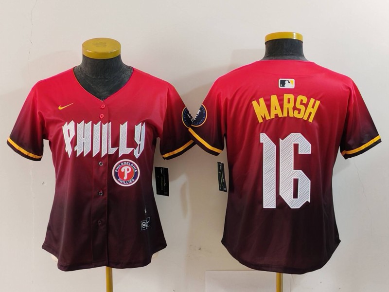 Women's Philadelphia Phillies #16 Brandon Marsh Red 2024 City Connect Limited Stitched Baseball Jersey 3