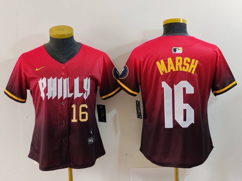 Women's Philadelphia Phillies #16 Brandon Marsh Red 2024 City Connect Limited Stitched Baseball Jersey 1