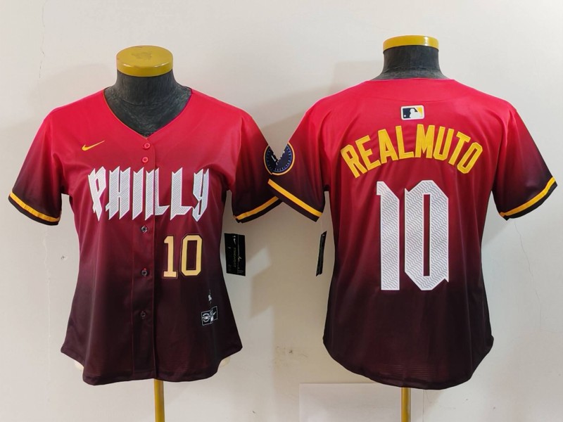 Women's Philadelphia Phillies #10 J.T. Realmuto Red 2024 City Connect Limited Stitched Baseball Jersey 2