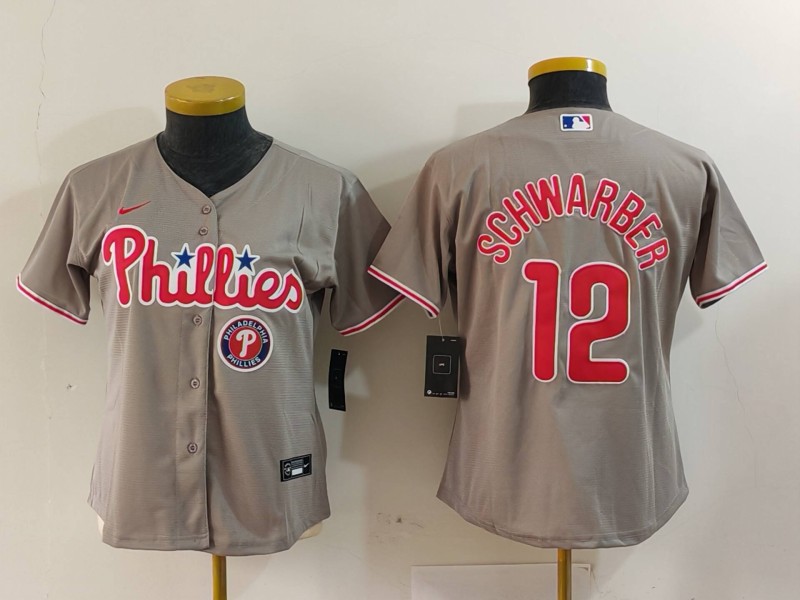 Women's Philadelphia Phillies #12 Kyle Schwarber Grey Cool Base Stitched Baseball Jersey(Run Small) 2