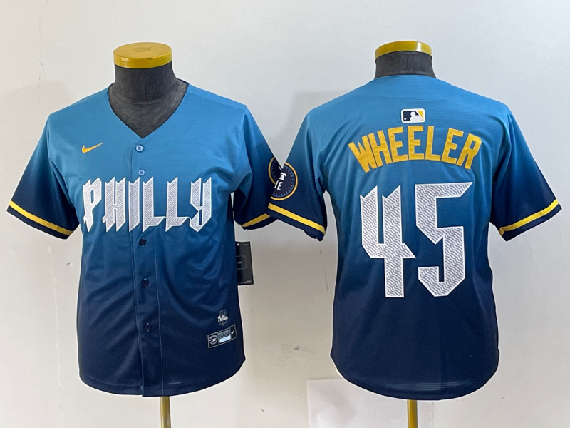 Youth Philadelphia Phillies #45 Zack Wheeler Blue 2024 City Connect Limited Stitched Baseball Jersey 6