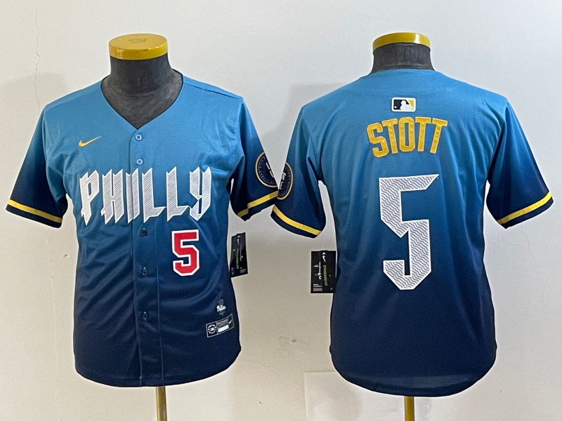 Youth Philadelphia Phillies #5 Bryson Stott Blue 2024 City Connect Limited Stitched Baseball Jersey 5