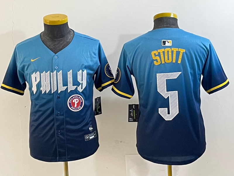 Youth Philadelphia Phillies #5 Bryson Stott Blue 2024 City Connect Limited Stitched Baseball Jersey 3
