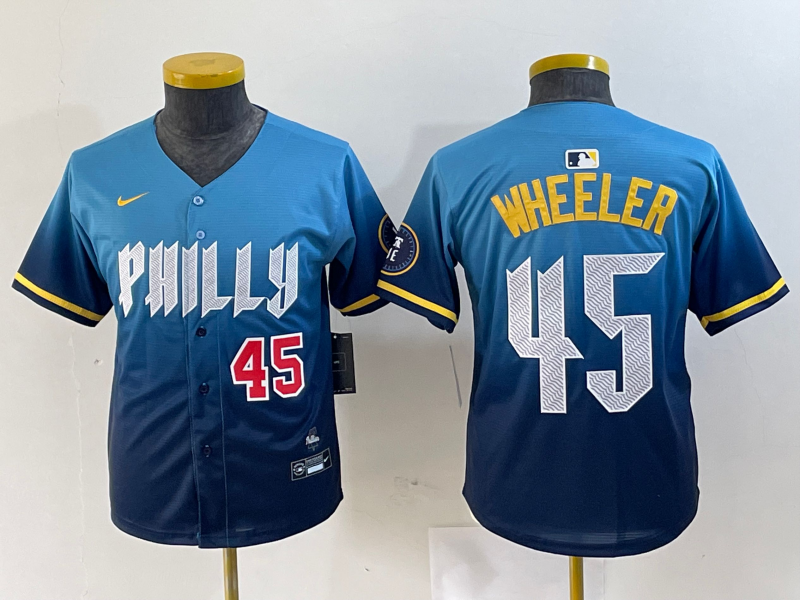 Youth Philadelphia Phillies #45 Zack Wheeler Blue 2024 City Connect Limited Stitched Baseball Jersey