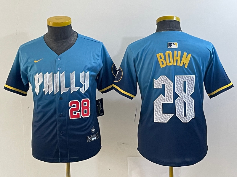 Youth Philadelphia Phillies #28 Alec Bohm Blue 2024 City Connect Limited Stitched Baseball Jersey 4