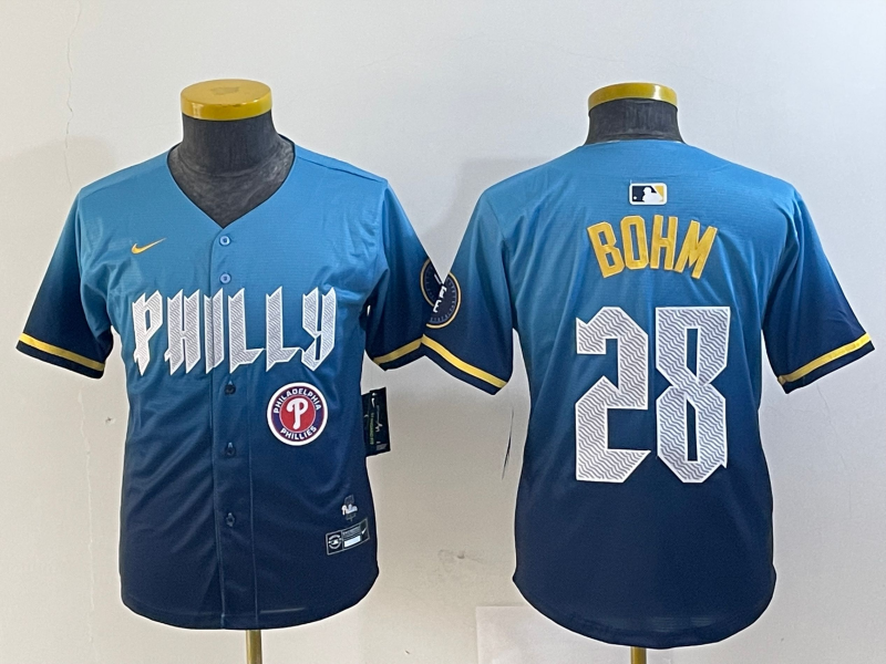 Youth Philadelphia Phillies #28 Alec Bohm Blue 2024 City Connect Limited Stitched Baseball Jersey 1