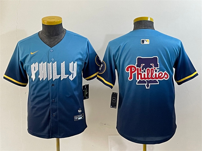 Youth Philadelphia Phillies Team Big Logo Blue 2024 City Connect Limited Stitched Baseball Jersey 1