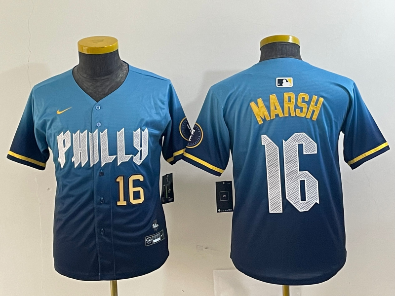 Youth Philadelphia Phillies #16 Brandon Marsh Blue 2024 City Connect Limited Stitched Jersey 4