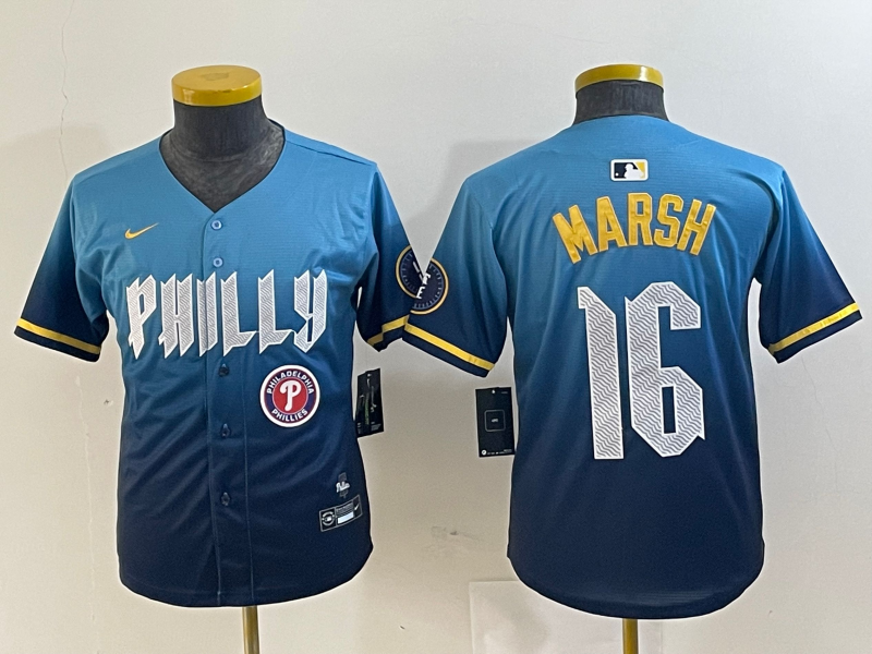 Youth Philadelphia Phillies #16 Brandon Marsh Blue 2024 City Connect Limited Stitched Jersey 1