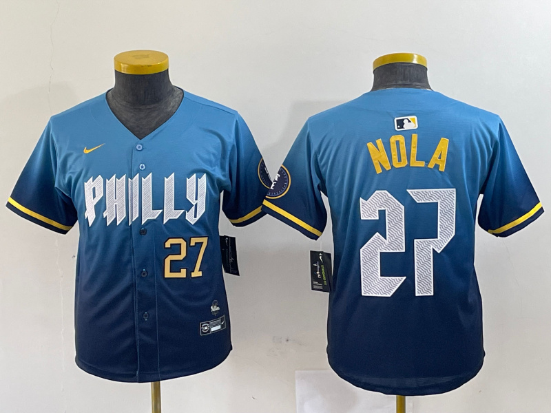 Youth Philadelphia Phillies #27 Aaron Nola Blue 2024 City Connect Limited Stitched Baseball Jersey 6