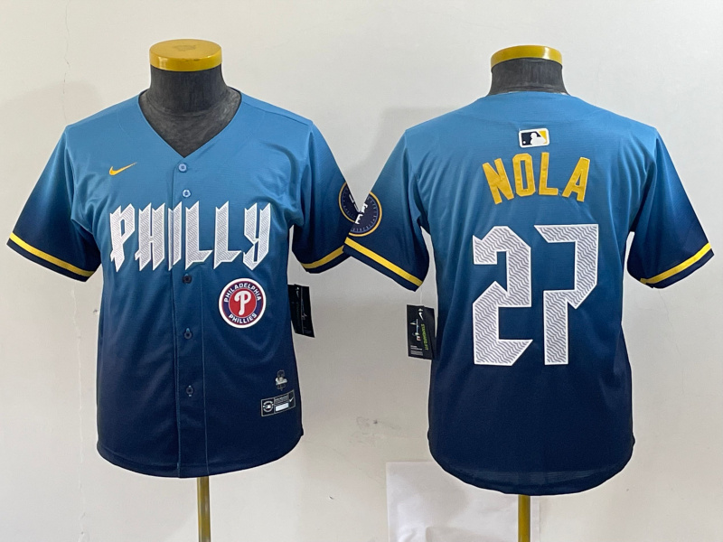 Youth Philadelphia Phillies #27 Aaron Nola Blue 2024 City Connect Limited Stitched Baseball Jersey 4