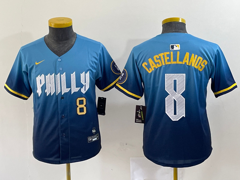 Youth Philadelphia Phillies #8 Nick Castellanos Blue 2024 City Connect Limited Stitched Jersey 6