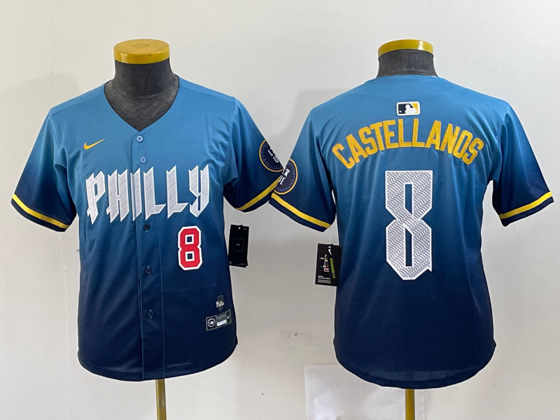 Youth Philadelphia Phillies #8 Nick Castellanos Blue 2024 City Connect Limited Stitched Jersey 5
