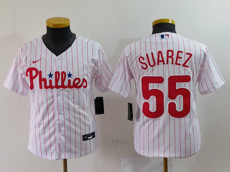 Youth Philadelphia Phillies #55 Ranger Suárez White Cool Base Stitched Baseball Jersey 4