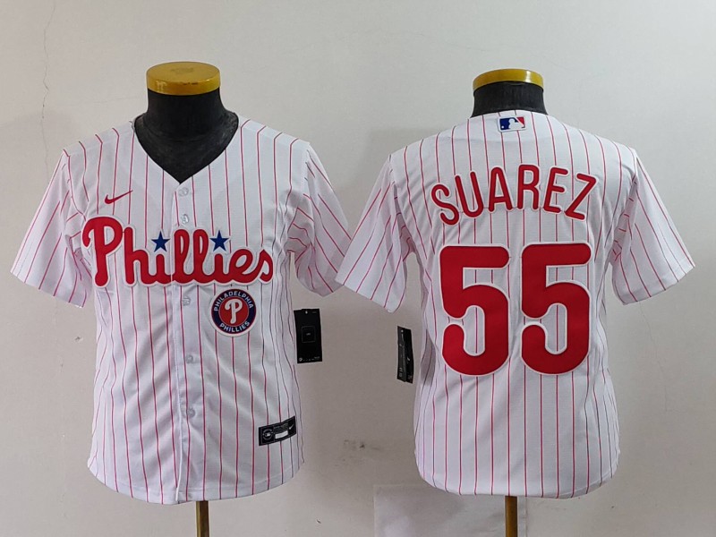 Youth Philadelphia Phillies #55 Ranger Suárez White Cool Base Stitched Baseball Jersey 1