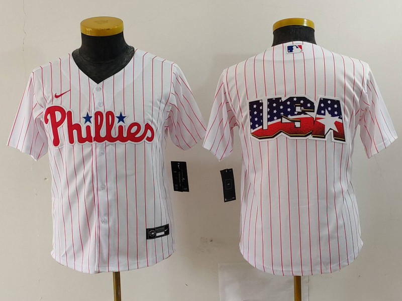 Youth Philadelphia Phillies Team Big Logo White Cool Base Stitched Baseball Jersey 3