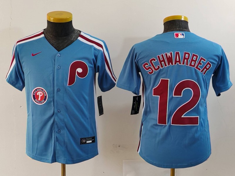 Youth Philadelphia Phillies #12 Kyle Schwarber Blue Cool Base Stitched Baseball Jersey 2