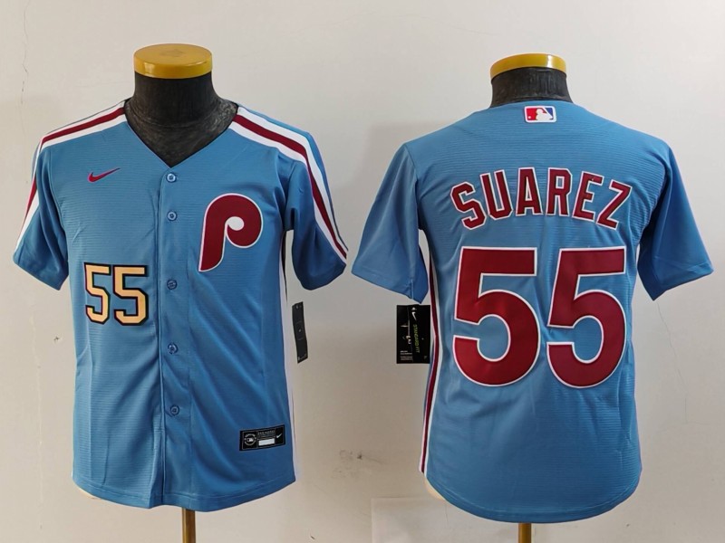 Youth Philadelphia Phillies #55 Ranger Suárez Blue Cool Base Stitched Baseball Jersey 9