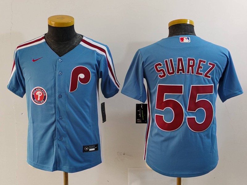Youth Philadelphia Phillies #55 Ranger Suárez Blue Cool Base Stitched Baseball Jersey 1
