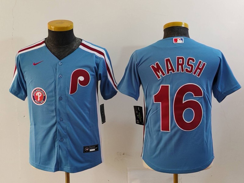 Youth Philadelphia Phillies #16 Brandon Marsh Blue Cool Base Stitched Baseball Jersey 6