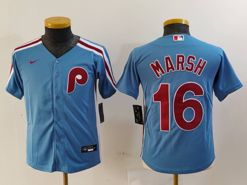 Youth Philadelphia Phillies #16 Brandon Marsh Blue Cool Base Stitched Baseball Jersey 2