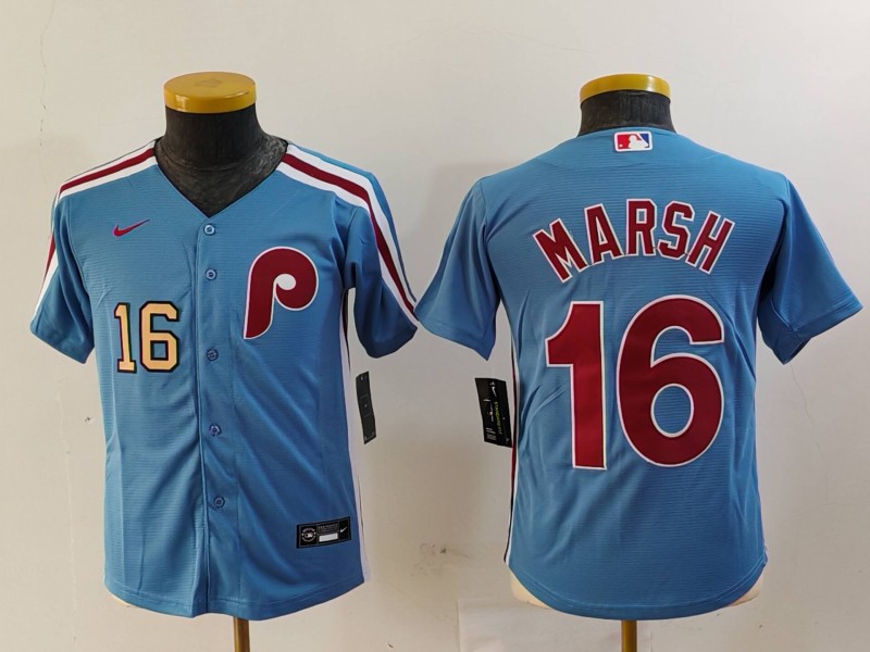 Youth Philadelphia Phillies #16 Brandon Marsh Blue Cool Base Stitched Baseball Jersey 1