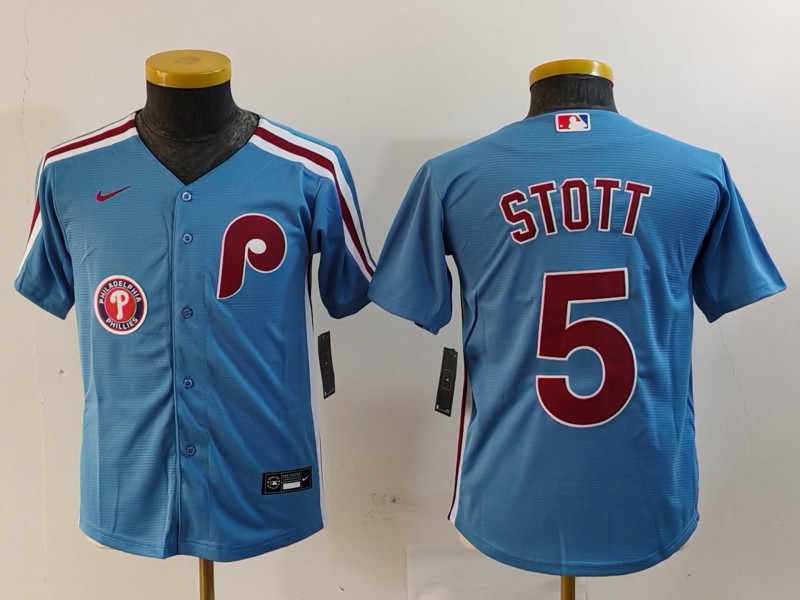 Youth Philadelphia Phillies #5 Bryson Stott Blue Cool Base Stitched Baseball Jersey 2