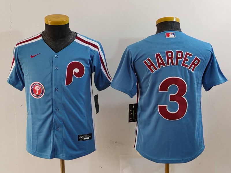 Youth Philadelphia Phillies #3 Bryce Harper Blue Cool Base Stitched Baseball Jersey 2