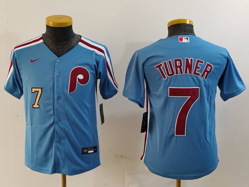 Youth Philadelphia Phillies #7 Trea Turner Blue Cool Base Stitched Baseball Jersey 2