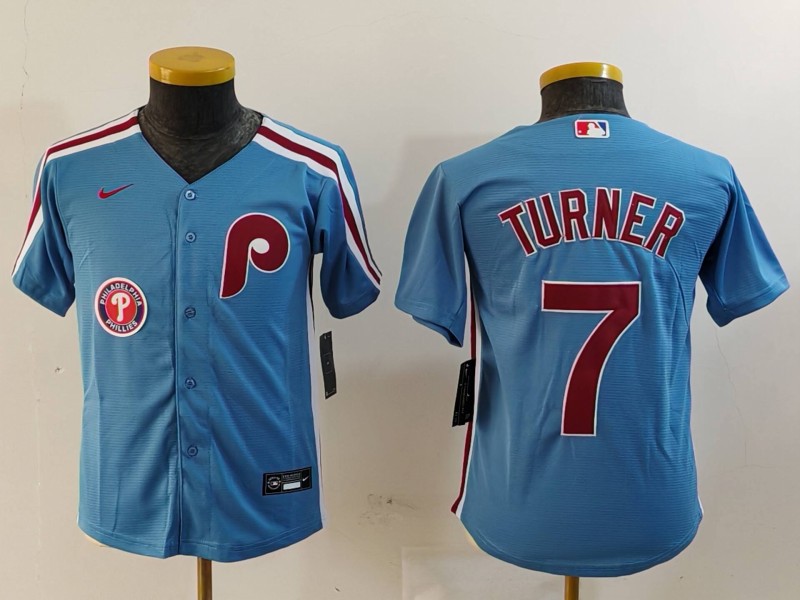 Youth Philadelphia Phillies #7 Trea Turner Blue Cool Base Stitched Baseball Jersey 1